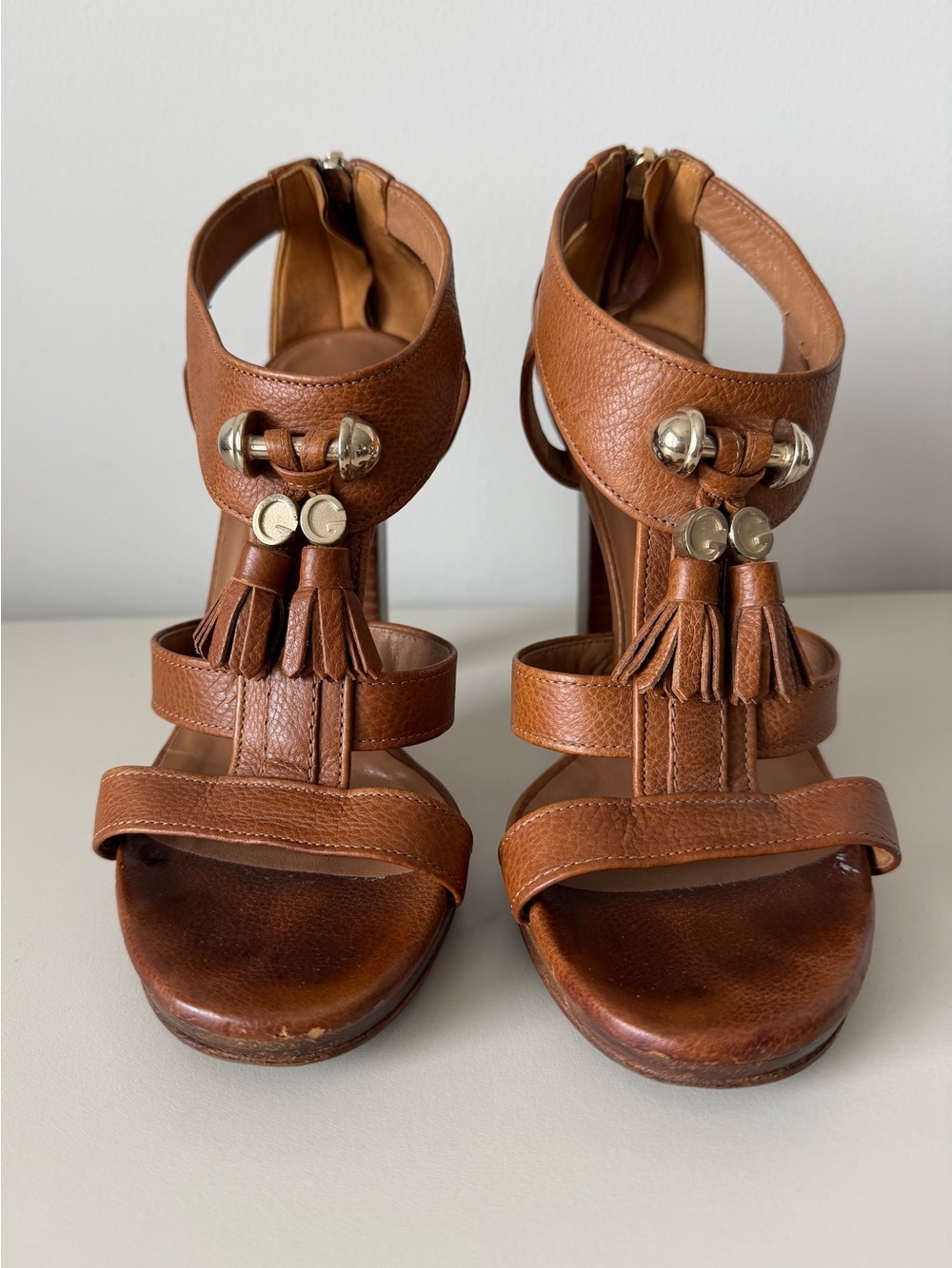 Gucci Brown Pebbled Leather Marrakech Open-Toe Block Heel Sandals Size 36